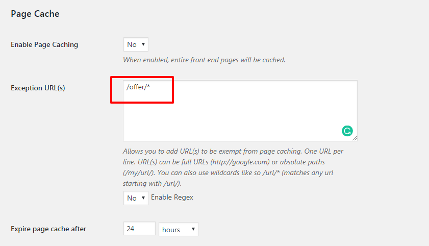 exclude “offer” pages enter your noted offer page slug (from step 1) as shown in screenshot:  /offer/*