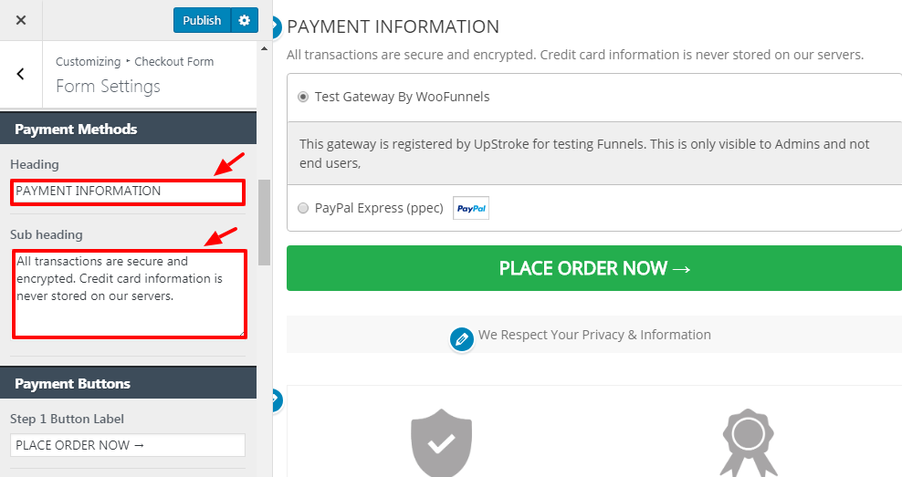 Change the heading and subheading of Payment methods