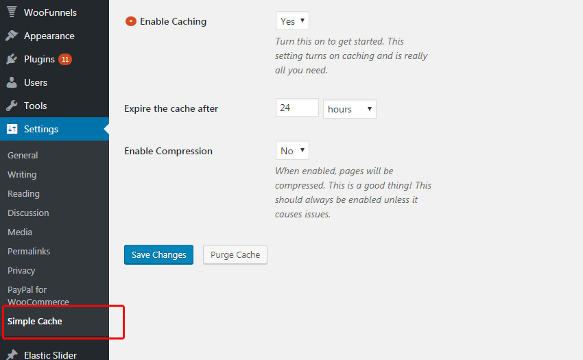 Open the settings of  "Simple Cache" under settings tab