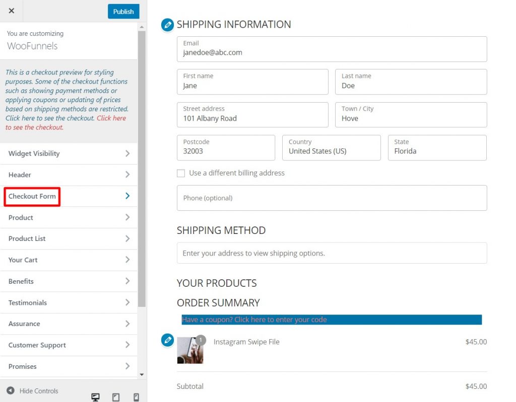 Click on the Checkout Form widget from the left side panel