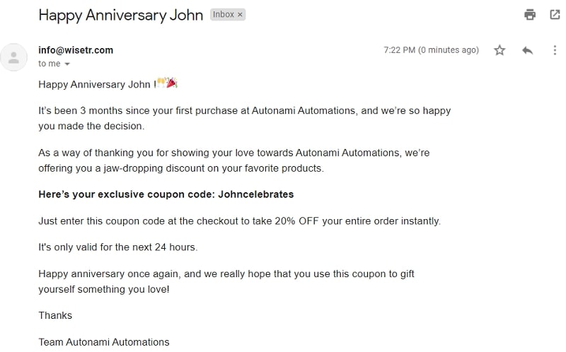 WooCommerce follow up emails - purchase anniversary autonami