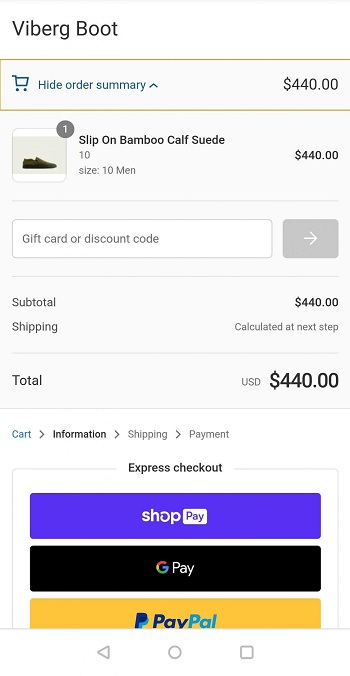 Shopify checkout page for mobile