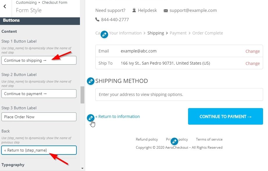 Edit the step button labels on a multi-step checkout form