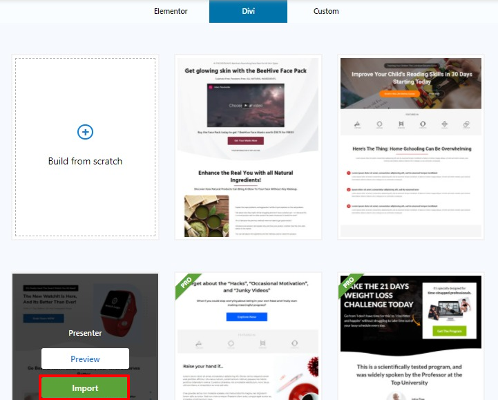 Import Divi template for sales page