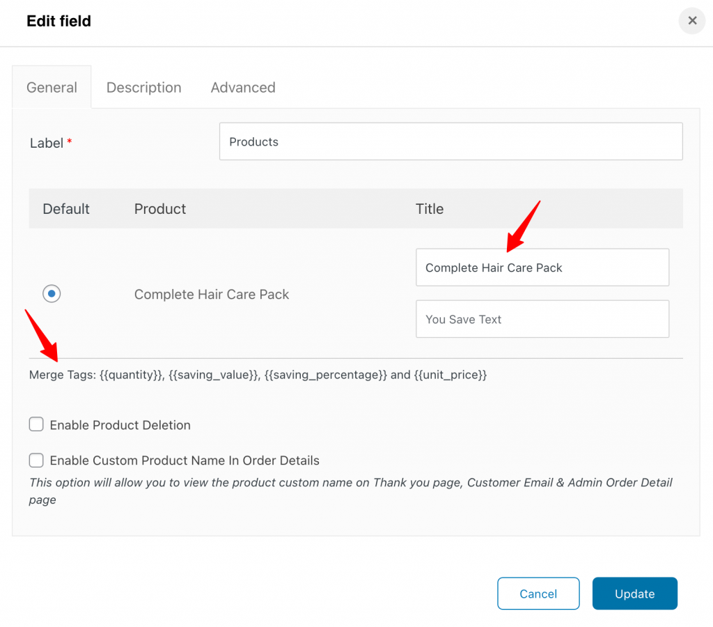 Edit the products field on the woocommerce checkout page form