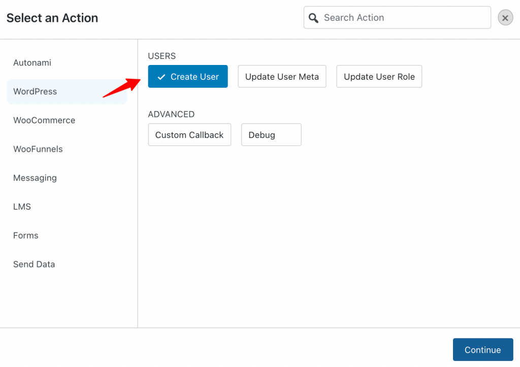Select an action - Create User