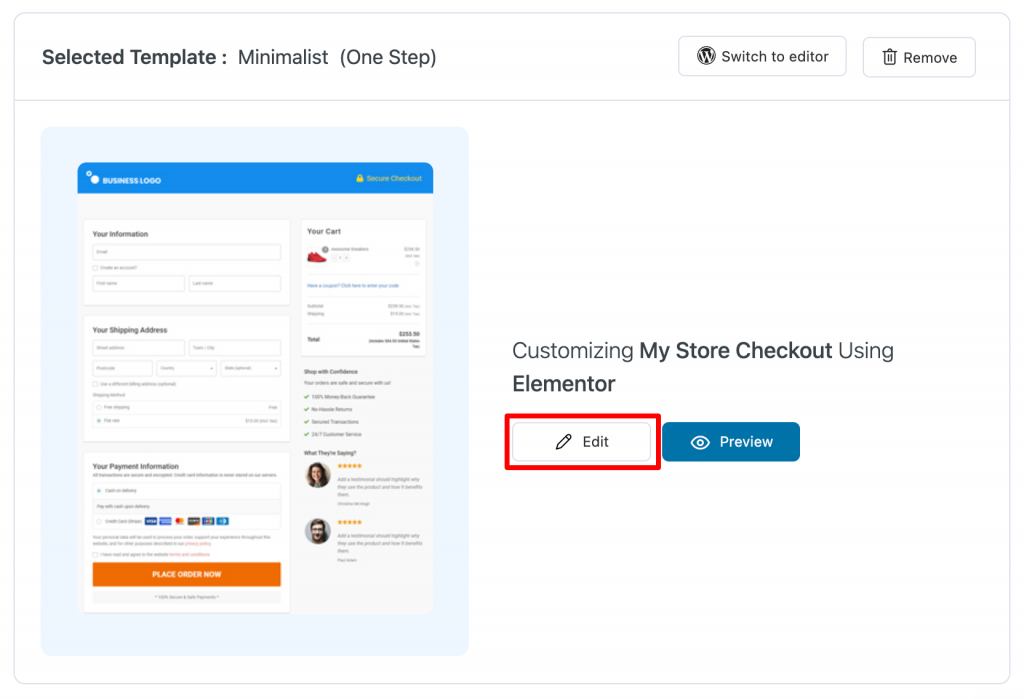 edit the checkout page in Elementor