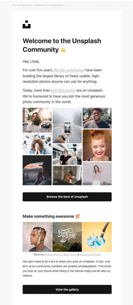 Unsplash welcome email