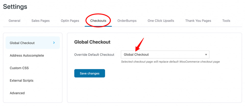 Override default checkout option in WooFunnels