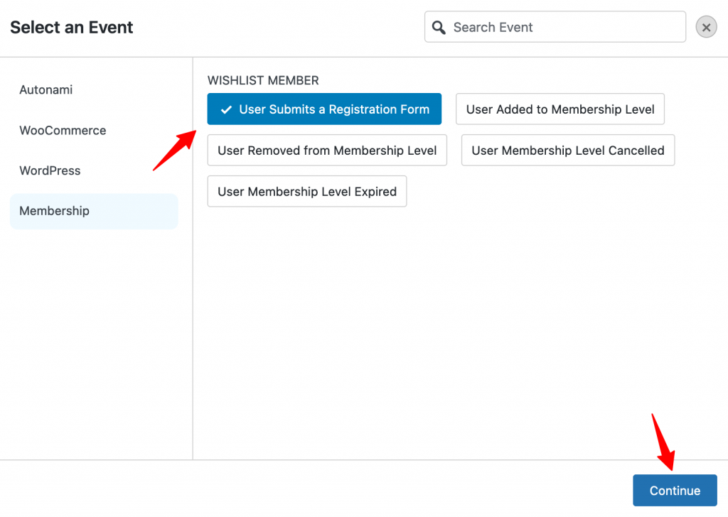 Select "User Submits a Registration Form" event.