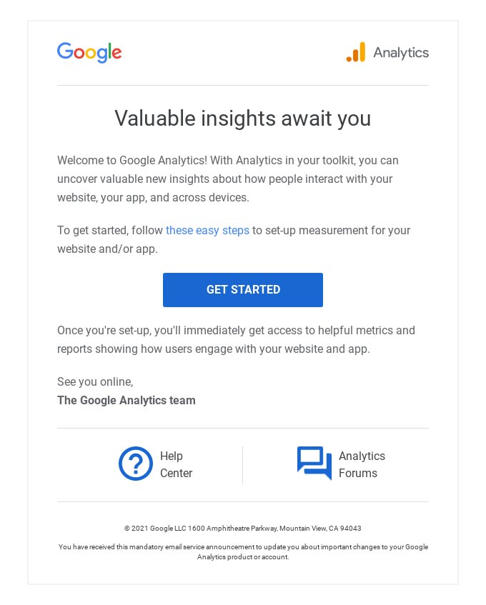 Welcome email examples - Google Analytics