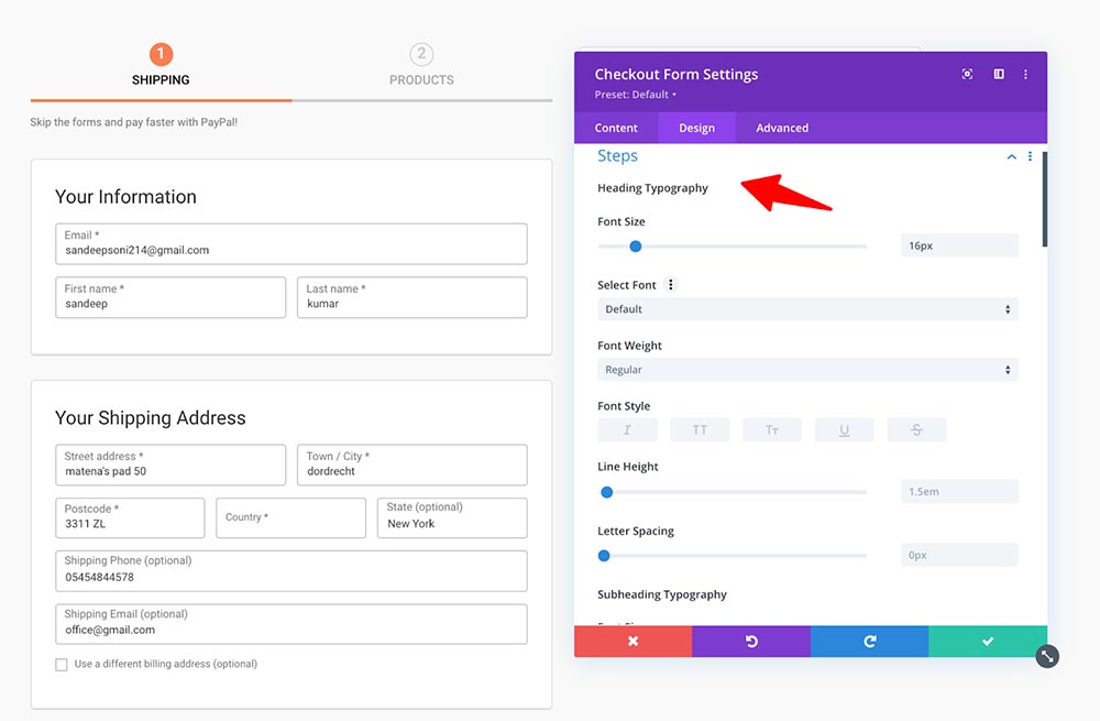 Checkout form - design settings for divi modules