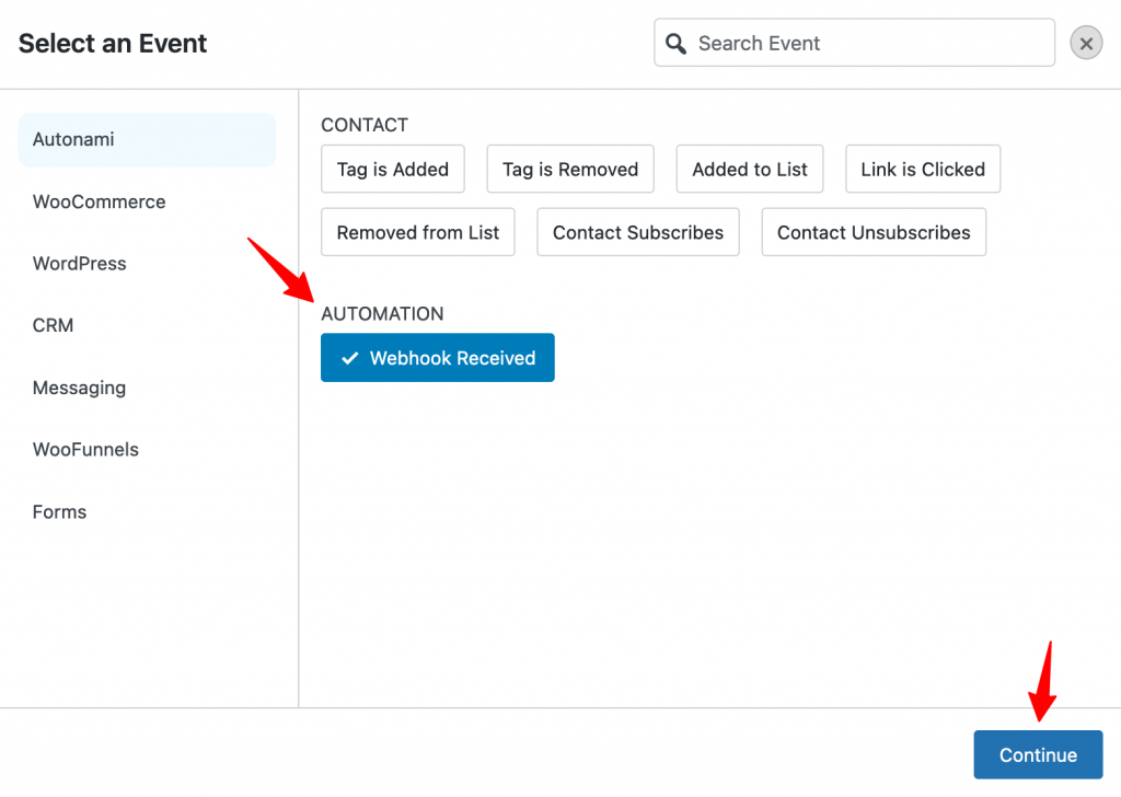 select the event - Webhook received in Autonami