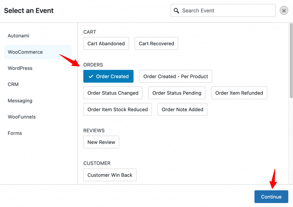 Select an event - WooCommerce Order Created