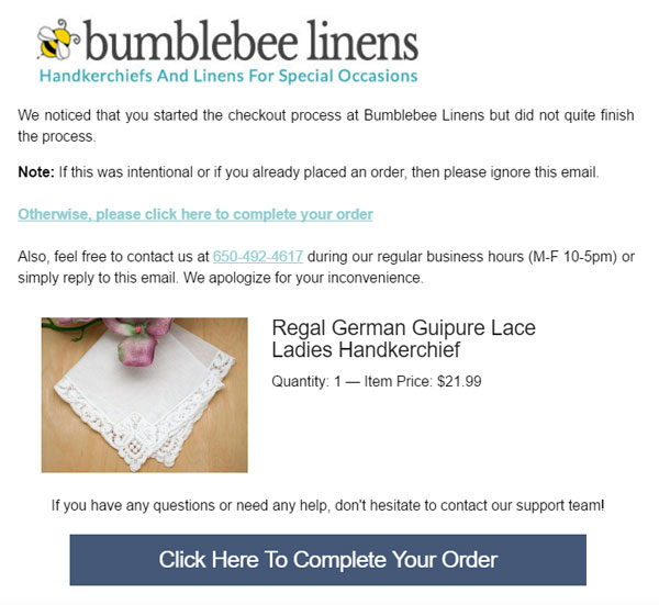 Example of cart abandonment emails sent by Bumblebee Linens