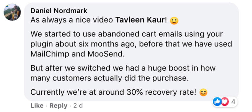 Review from Daniel Nordmark satisfied with the WooCommerce cart abandonment strategy of Autonami