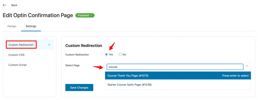 Optin Thank You Page - Custom Redirection Settings