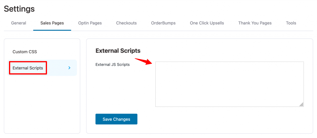 External Scripts for Sales Page under WooFunnels global settings