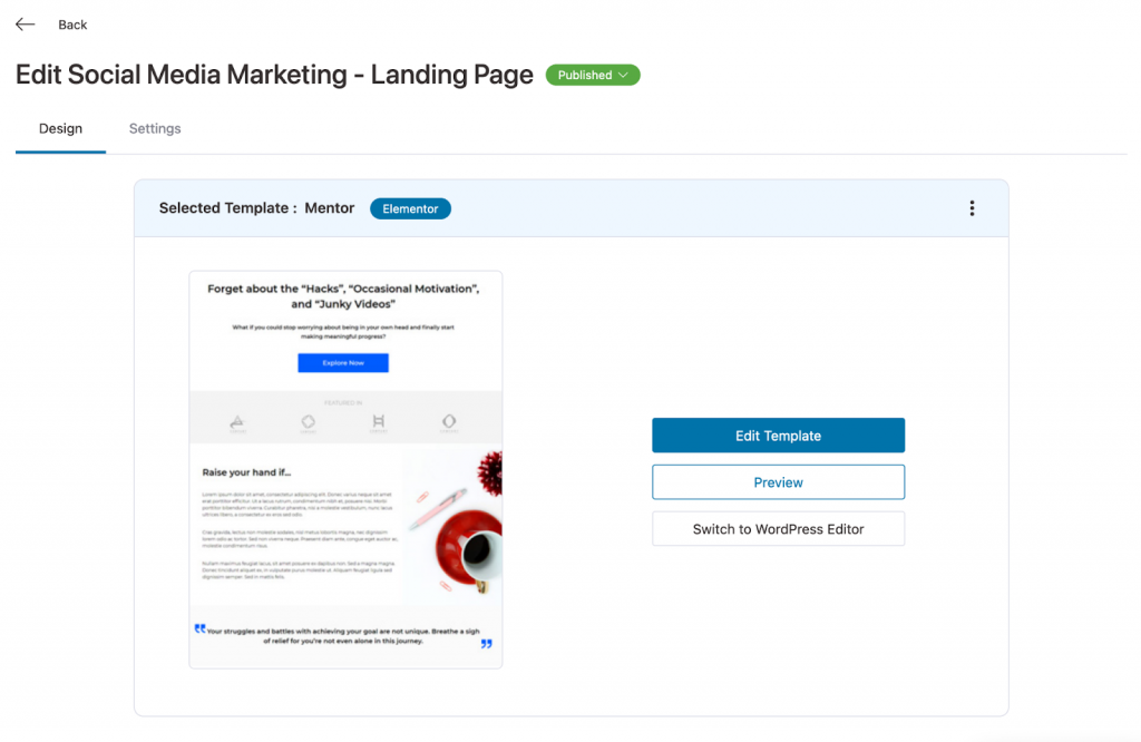 Edit the Social Media Marketing landing page 