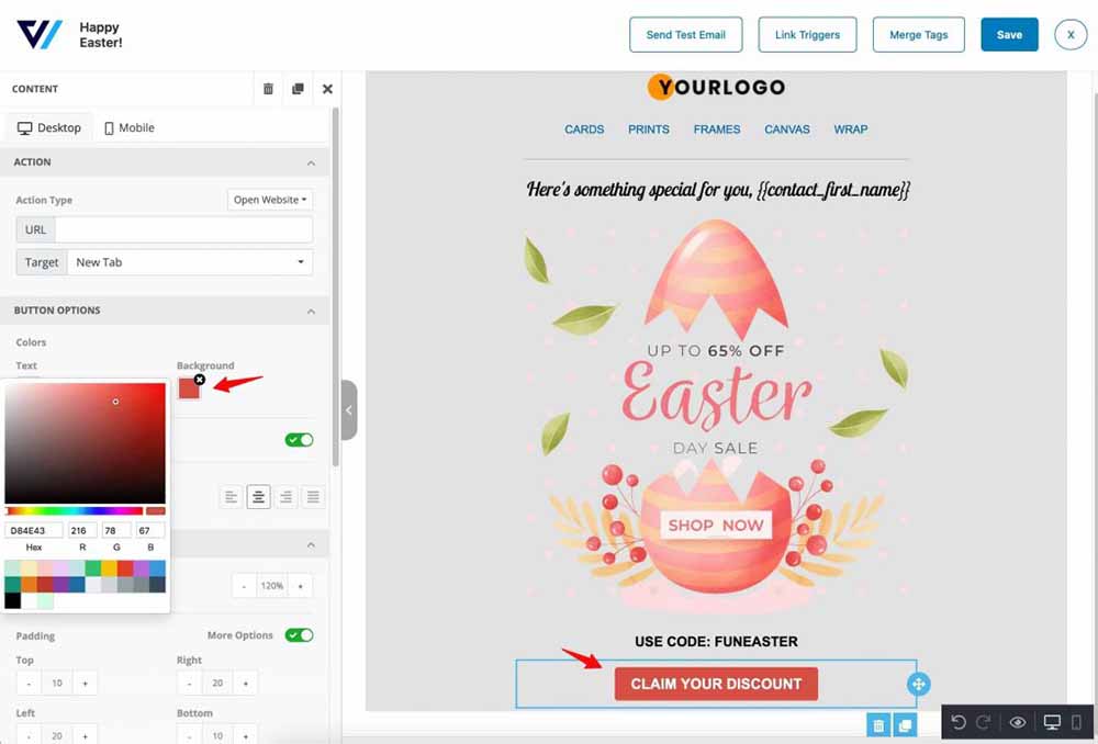 Add a CTA button from the menu and give a link to your Easter offer page