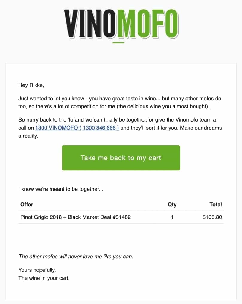 Abandoned Cart subject lines on "FOMO" - Example from Vinomofo