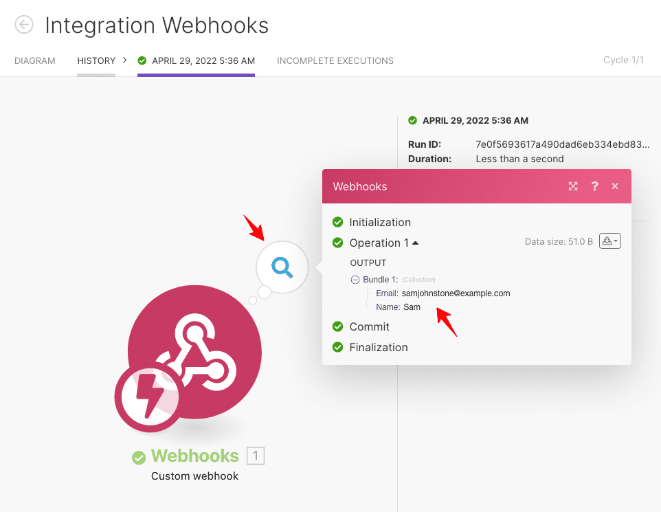 Click on the (1) icon to see the data received from webhooks