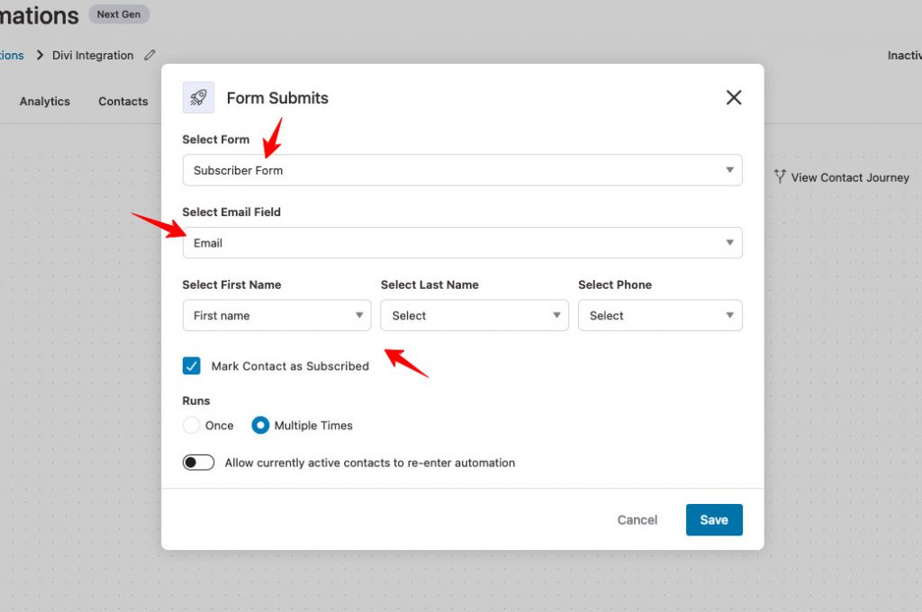 Configure your form by selecting the form and mapping the email field