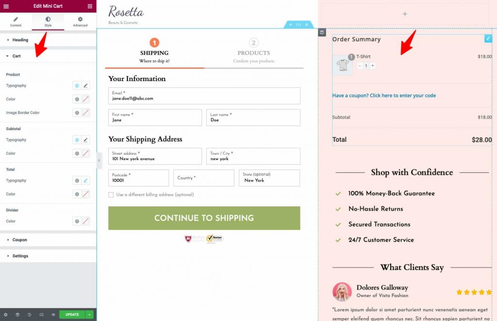 Customize WooComerce checkout page design - mini cart style settings